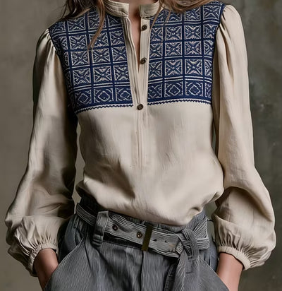 Vintage Ethnic Style Embroidered Stand-collar Shirt For Women, Beige Puff-sleeve Tencel Top, Blue And White Geometric Jacquard Designed Niche Shirt