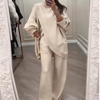Womens Solid-Color High-Neck Cross-Over Knit Top And Pants Two-Piece Set