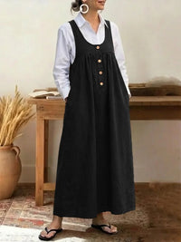 Buttoned Suspender Sleeveless Loose Casual Dress