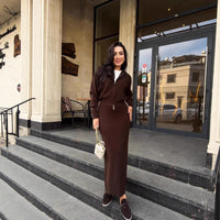 Elegant Long-sleeve Zip-front Waist-cinching Knit Sheath Dress For Women