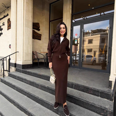 Elegant Long-sleeve Zip-front Waist-cinching Knit Sheath Dress For Women